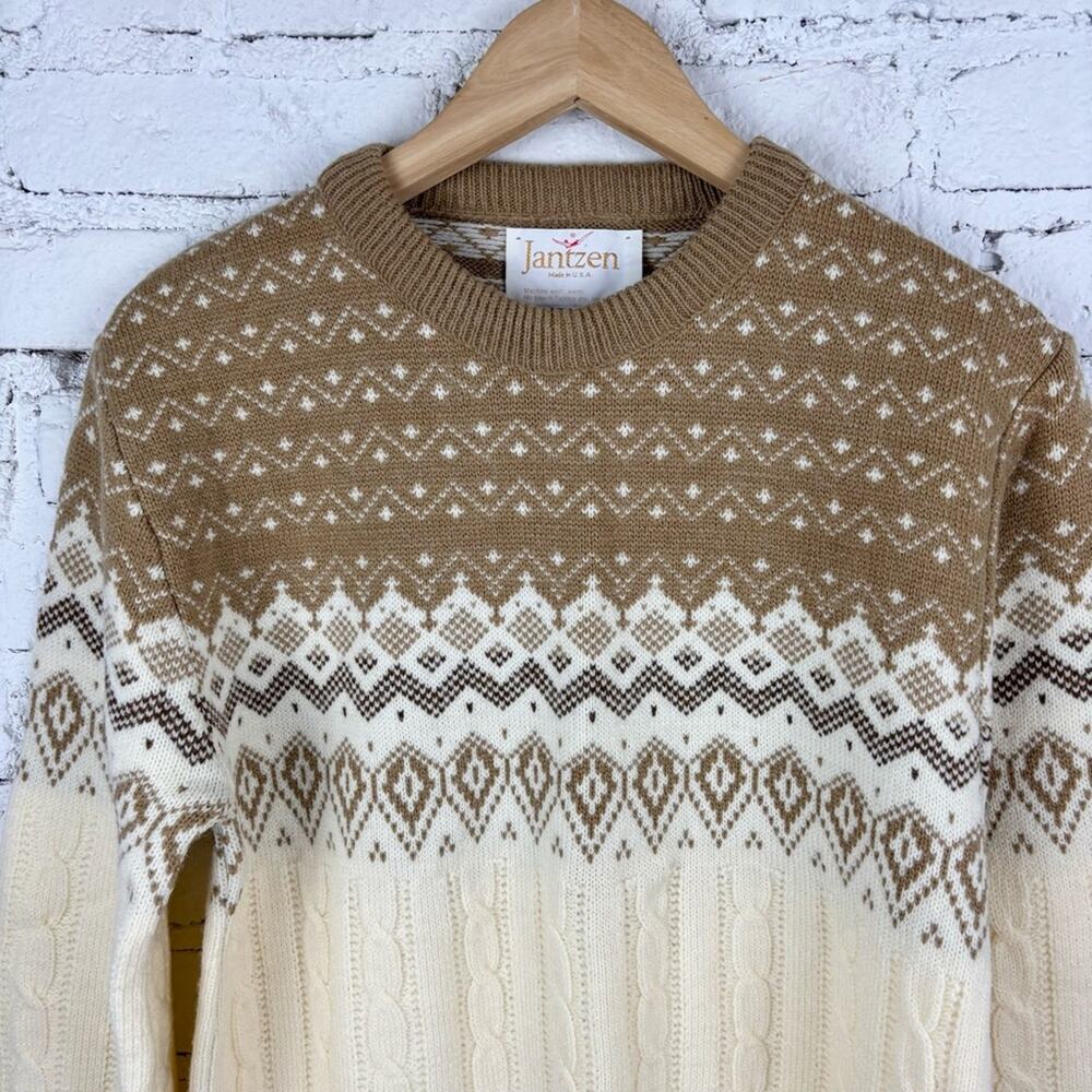 Jantzen Men's Tan and Cream Crewneck Sweater - Picture 3 of 7